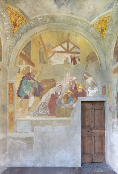 Geboorte met heiligen Rochus en Sebastiaan, ca. 1525 door Lorenzo Lotto
